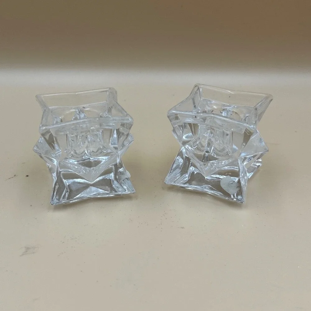 Michael C Fina 24% Lead Crystal Taper Candle Holders Set of 2 Star Geometric USA